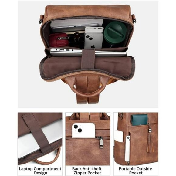 Leather Laptop Backpack Women 15 Inch Vegan Work Travel Bag Convertible Purse - Picture 4 of 7